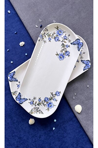 Erbaşlar Butterfly Blue 2 Piece Luxury Ceramic Chicken World Plate Set