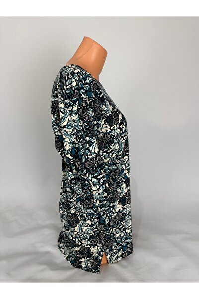 YAŞAR TRİKO Women's Green U-Neck Short Sleeve Floral Pattern Slit Woven Viscose Mother Combed Cotton T-Shirt