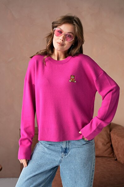 Noi Belis Oversized Teddy Bear Basic Crew Neck Soft Textured Knit Sweater Aw25Kz0105