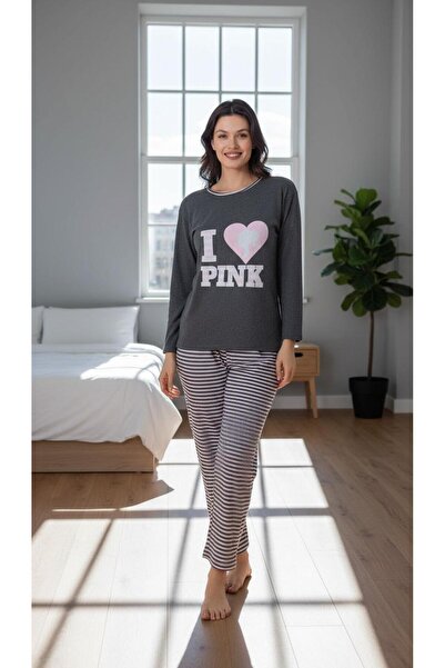 TrendModessa Ženska pidžama sa srcem, Sa deznom ili Pamuk dela, siva i roza