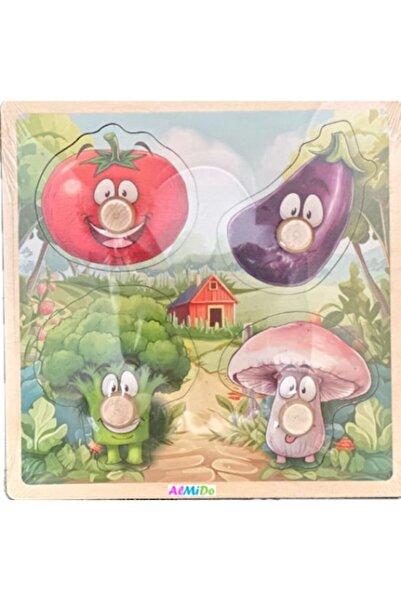 Almido Puzzle cu cuie din lemn, 4 piese cu butoane, Legume,