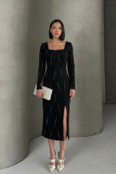 ALFUDO Moda Collection Uzun Kol Midi Boy Önden Yırtmaçlı Taş Baskı Kumaş Mezuniyet Abiye Elbise