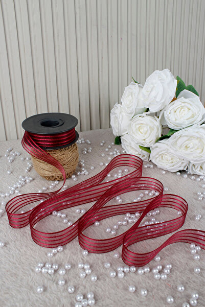 Mortex Bordo Hilton Striped Chiffon Ribbon 2.5 cm 20 Mt-Bohça, Wedding, Engagement, Dowry, Gift, Decoration, Party
