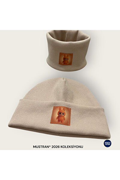 Mustran Labubu 4-12 Years Old Children's 2-Piece Beret Neck Collar Set 95% Cotton Handmade |   Double Layer 4 Layer Ear Gift