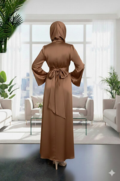 Efour Σατέν βραδινό φόρεμα με ισπανικό μανίκι που τυλίγεται γύρω από τη μέση