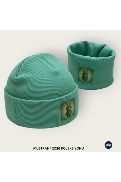 Mustran Labubu 4-12 Years Old Children's 2-Piece Beret Neck Collar Set 95% Cotton Handmade |   Double Layer 4 Layer Ear Gift