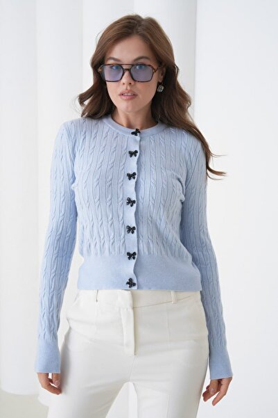 Noi Belis Basic Ribbon Button Detailed Hair Braided Knitwear Cardigan Aw25Hi0066