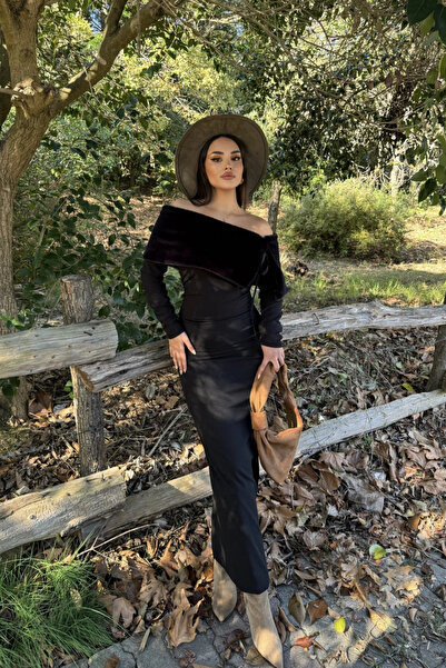 MOZENA Rochie lungă cu detaliu din blană artificială și șliț la spate