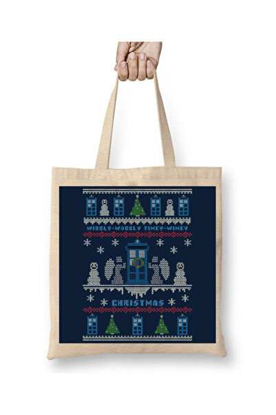 Toyaso Dr Who Tardis Christmas Knit Christmas Day White Tote Bag Long Handle Shopping Bag