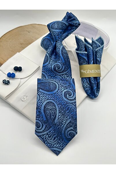 Gutiero Classic Tie with Blue Paisley Patterned Handkerchief