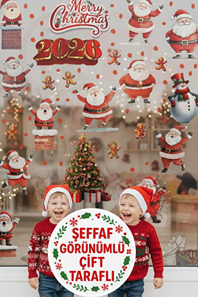 Kt Grup Şeffaf, Çift Taraflı 2026 Merry Christmas Noel Baba & Kardan Adam Yıl...