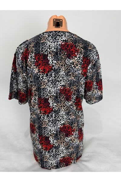 YAŞAR TRİKO Women's Multi-Colored U-Neck Short Sleeve Patterned Slit Woven Viscose Mother Combed Cotton T-Shirt