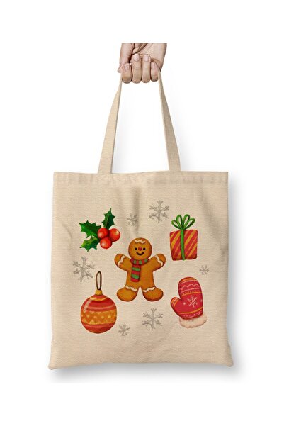 Toyaso New Year Concept Cookie Man Christmas Knit New Year's White Cloth Bag with Long Handle