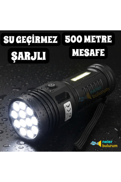 nelerbulurum Şarjlı Su Geçirmez 6 Modlu Mıknatıslı ve Klipsli 500 Metre ışıldak Kamp lambası olabilen el feneri
