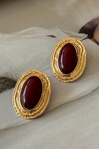 Trendy Butik Gold Oval Model Burgundy Earrings