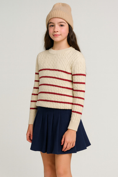CLOUDY WEAR&DESİGN Girl's Crew Neck Striped Hair Knit Sweater (5-14 Years)