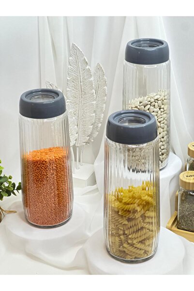 aden glass Antrasit Conta Kapaklı Çizgili Uzun 1500 Ml Cam Kavanoz Seti Bakli...