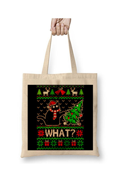 Toyaso Cat Kitten Christmas Knit Christmas Day White Tote Bag Long Handle Shopping Bag