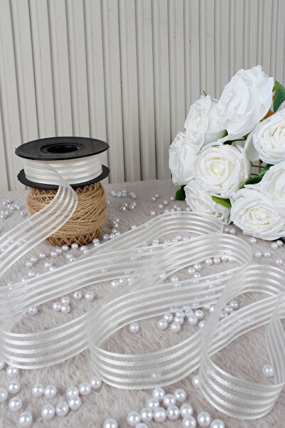 Mortex Cream Hilton Striped Chiffon Ribbon 2.5 cm 20 meters - Wedding Favors, Engagement, Dowry, Gift, Decoration, Party