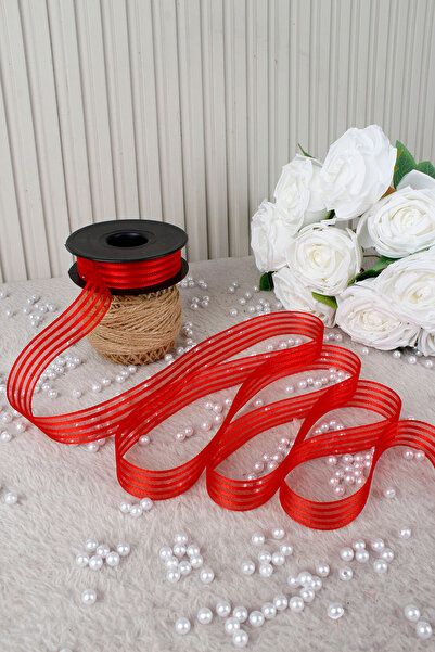 Mortex Red Hilton Striped Chiffon Ribbon 2.5 cm 20 Mt-Bohça,Wedding,Engagement,Dowry,Gift,Decoration,Party