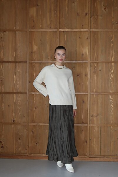 ilmek 25033 Women's Corded Fabric Knitted Detailed Short Sweater Ecru