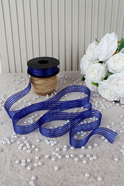 Mortex Cobalt Blue Hilton Striped Chiffon Ribbon 2.5 cm 20 Mt-Bridal Shower,Wedding,Engagement,Dowry,Gift,Decoration,Party