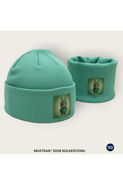 Mustran Labubu 4-12 Years Old Children's 2-Piece Beret Neck Collar Set 95% Cotton Handmade |   Double Layer 4 Layer Ear Gift