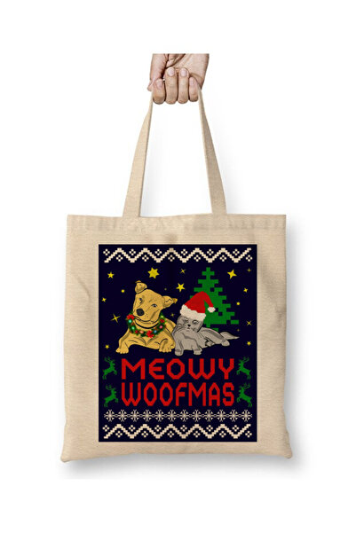 Toyaso Meowy Woofmas Різдвяний візерунок з котами та собаками, в'язана біла тканинна сумка з довгими ручками