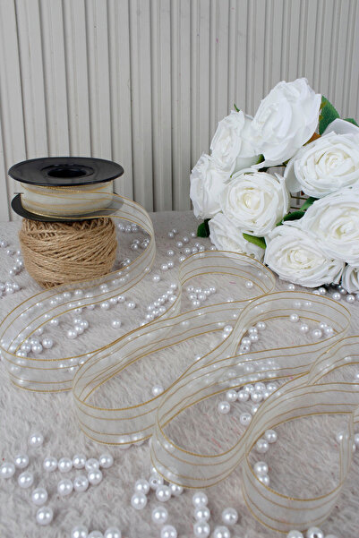 Mortex Gold Hilton Striped Chiffon Ribbon 2.5 cm 20 Mt-Bridal, Wedding, Engagement, Dowry, Gift, Decoration, Party