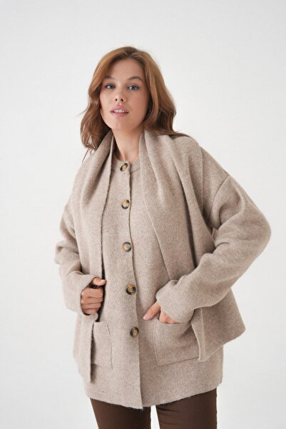 Noi Belis Oversized Soft Textured Shawl Detailed Buttoned Knitwear Cardigan Aw25Hi0069