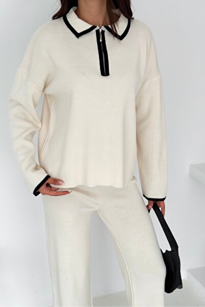 Noi Belis Oversized Half Zipper Polo Neck Knitwear Bottom-Top Set Aw25Au0048