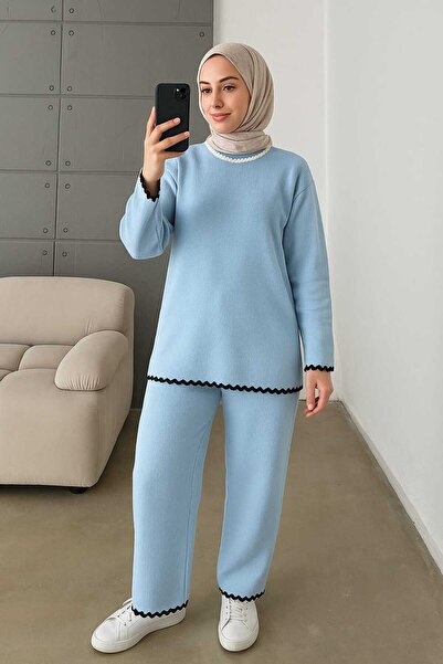 MAY MARA Women's 2-Piece Tricot Suit with Bluzlu Pantalon (Tri-Cloth Pants) with Cowboy Stitch Detail on the Neck and Sleeves