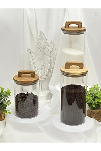 aden glass Akasya Kapak Vakumlu Bakliyat Saklama Kavanozu Çok Amaçlı 3 Lü Set...