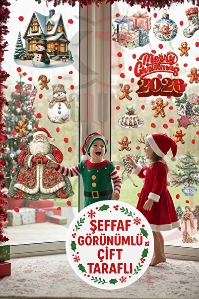 Kt Grup Çift Taraflı Yılbaşı Sticker Seti Noel Baba, Karlı Ev ve Kurabiye Adam Kapı, Dolap, Cam Süsü