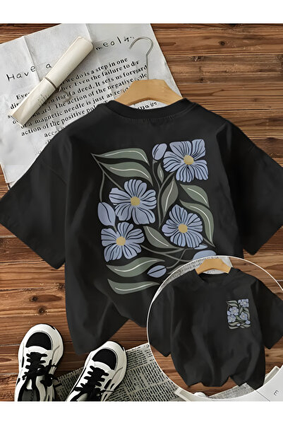 Printiva تيشيرت أسود بأكمام قصيرة ورقبة دائرية مطبوع زهرة الأقحوان الزرقاء، م...