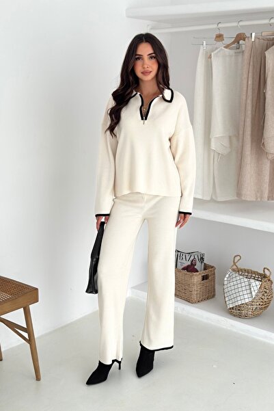 Noi Belis Oversized Half Zipper Polo Neck Knitwear Bottom-Top Set Aw25Au0048