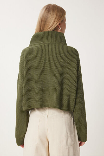 MsLena Butik Zippered Turtleneck Short Crop Sweater Khaki M318-6752