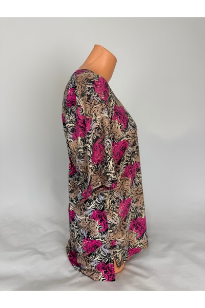 YAŞAR TRİKO Women's Multi-Colored U-Neck Short Sleeve Patterned Slit Woven Viscose Mother Combed Cotton T-Shirt