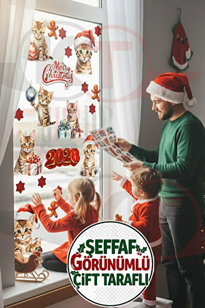 Kt Grup 2026 Yeni Yıl Şeffaf Çift Taraflı Yılbaşı Sevimli Kedicikler Kapı Dol...