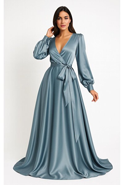 ALYEL NAKER Balloon Sleeves & Double-Breasted Closure Maxi Silk Satin Stylish...