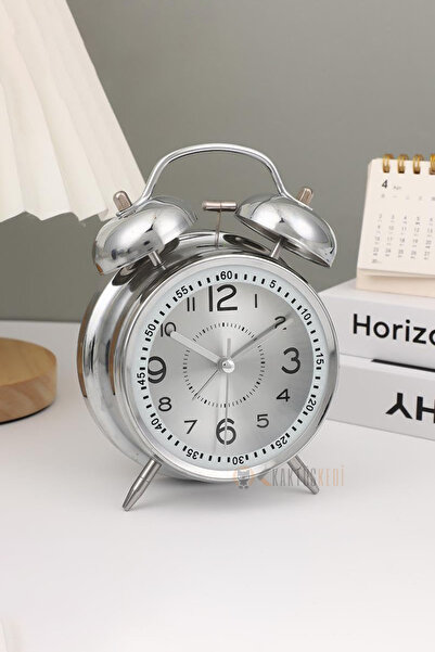 KaktüsKedi Büyük Boy Işıklı Gümüş Masa Saati - Metal Çalar Saat