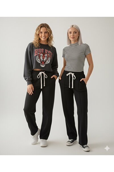 LACKH 2 BUCĂȚI PANTALONI DE SPORT NEGRI CU PIELE PE FRONTE, CU PĂRĂLĂRI LARGI