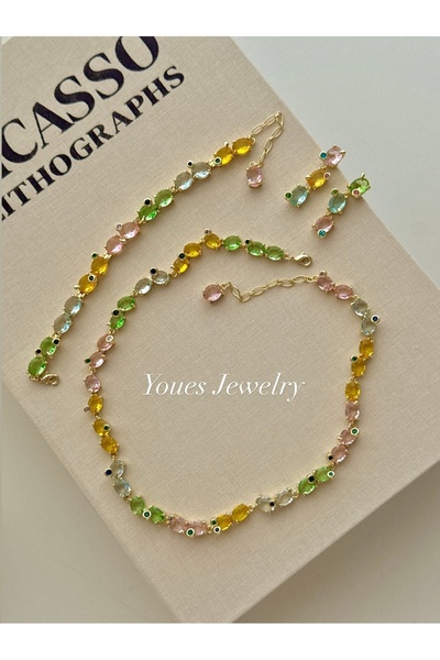 YOUES JEWELRY 316L GEMA Çelik Kristal Taş Desenli Renkli KOLYE, KÜPE VE BİLEK...