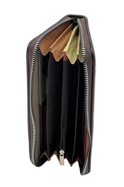 Micutz Women's Wallet With Many Compartments Long Made of Genuine Leather, Multicolor, Applied Flowers, 19x10x3 cm