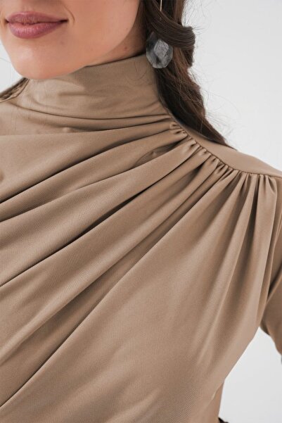 Moda Ebrar 925 Gathered Detail Sandy Blouse - Beige