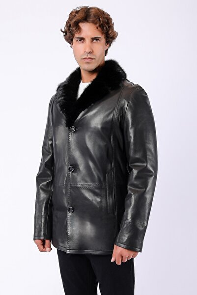 Leather Club Siyah Vizon Kürk Aksesuarlı Hakiki Deri Kaban