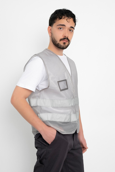 DAŞ ÜNİFORMA Warning Vest with Name Tag, Phosphorescent, Velcro Pocket (Universal Type Thick) Double Color Work Safety Gray-White