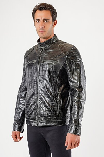 Leather Club Siyah Kroko Desenli Hakiki Deri Ceket