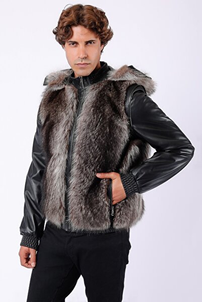 Leather Club Siyah Naturel Kürk Garnili Hakiki Deri Kaban