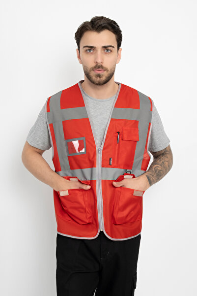 DAŞ ÜNİFORMA High-Visibility Safety Vest with Name Tag, Zipper Pocket (Engineer Type Thick), Dual Color Red